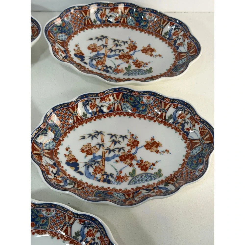 Japanese Arita Imari Porcelain Oval Scalloped Bowls Bamboo Floral Set of 5 Japan